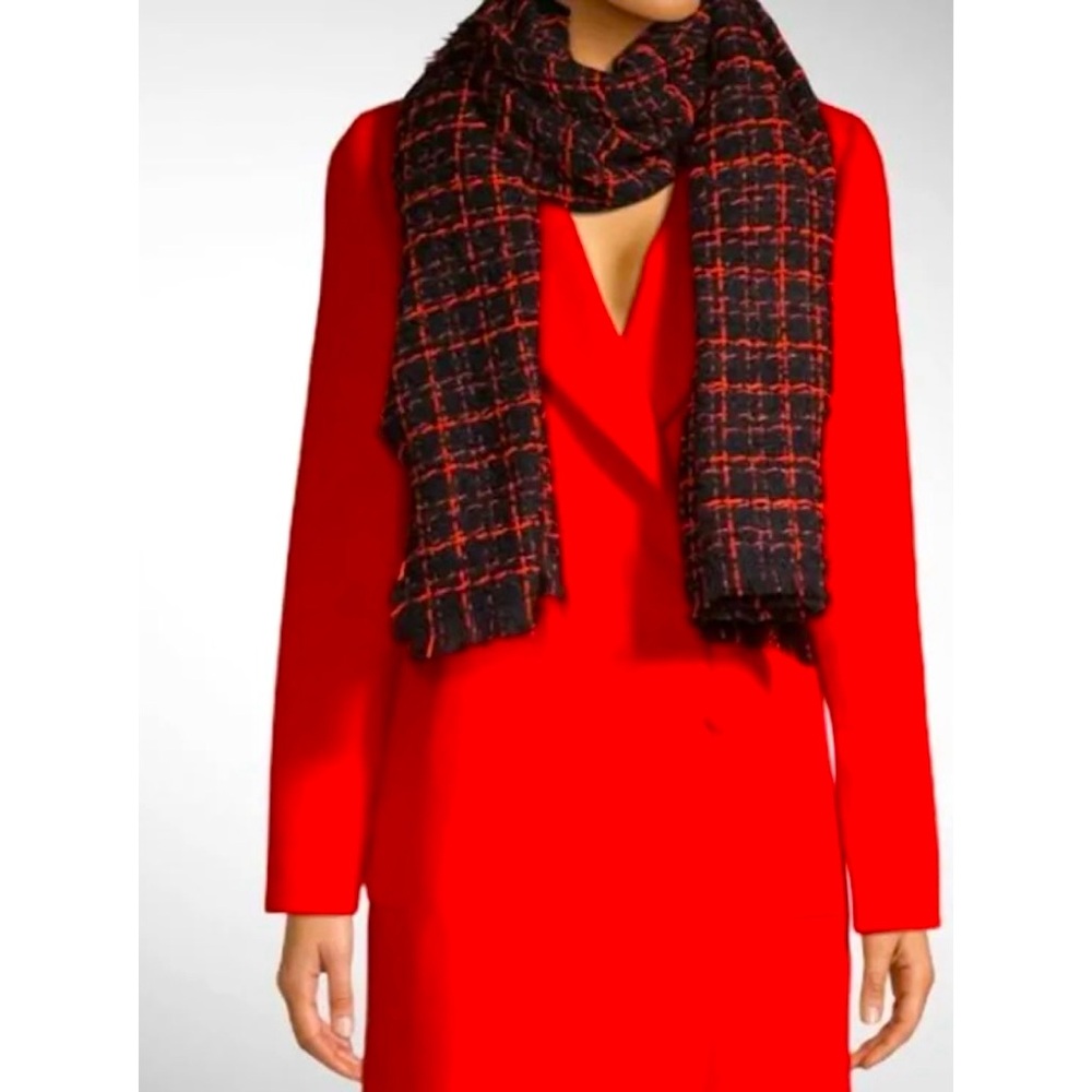Karl Lagerfeld Paris Plaid Tweed Scarf - Red/Black